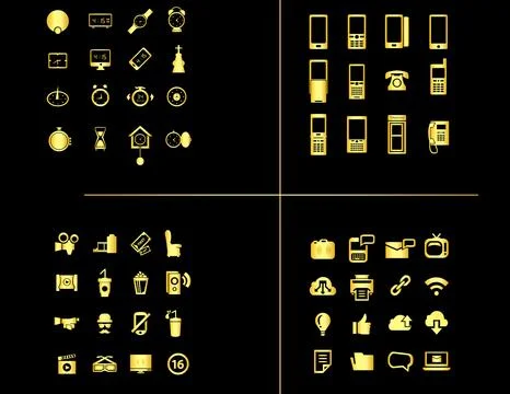 Gold clock, computer, cinema social media icons Stock Illustration