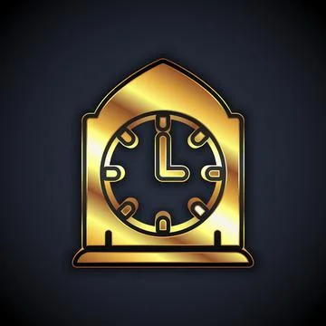 Gold Clock icon isolated on black background. Time symbol. Vector Illustrazione stock