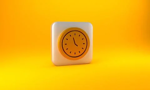 Gold Clock icon isolated on yellow background. Time symbol. Silver square button Illustrazione stock