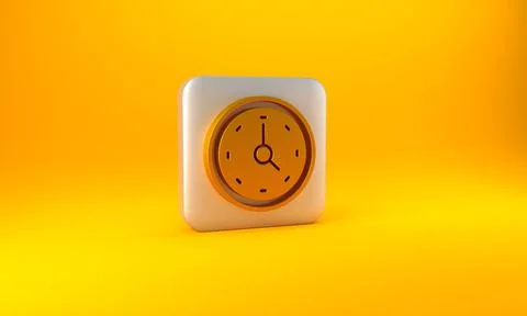 Gold Clock icon isolated on yellow background. Time symbol. Silver square but Stock Illustration