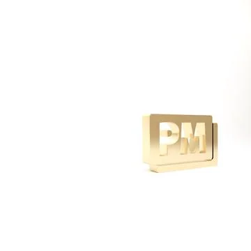 Gold Clock PM icon isolated on white background. Time symbol. 3d illustration Illustrazione stock