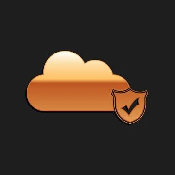 Gold Cloud and shield with check mark icon isolated on black background. Cloud Stock Illustration