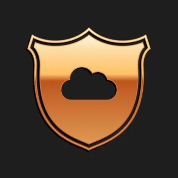 Gold Cloud and shield icon isolated on black background. Cloud storage data 스톡 일러스트