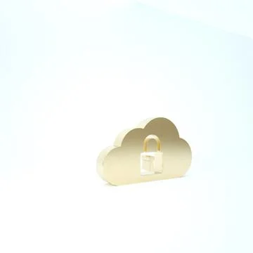 Gold Cloud computing lock icon isolated on white background. Security, safety Stock Illustration