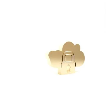 Gold Cloud computing lock icon isolated on white background. Security, safety Illustrazione stock