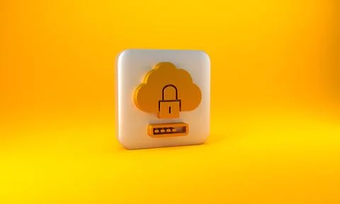 Gold Cloud computing lock icon isolated on yellow background. Security, safety 스톡 일러스트