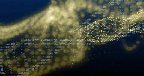 Gold cloud drifting in, forming ribbon, tightening into helix, numbers weaving, Stock Footage 328396274