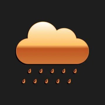 Gold Cloud with rain icon isolated on black background. Rain nimbus cloud Illustrazione stock
