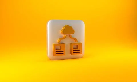 Gold Cloud technology data transfer and storage icon isolated on yellow 스톡 일러스트