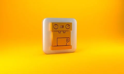 Gold Coffee machine icon isolated on yellow background. Silver square button. 3D Illustrazione stock