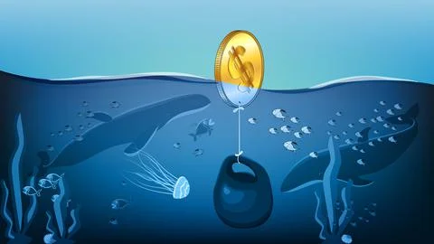 Gold coin american dollar is pulled to the bottom by heavy kettlebell in ocean Illustrazione stock