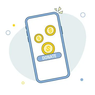 Gold coin and donate button on smartphone screen. Modern charity, donation Stock Illustration