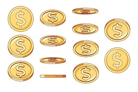 Gold coin animation on horizontal axis. Different positions money icons, golden Stock-Illustration