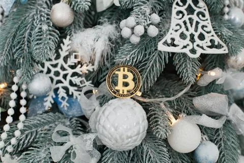 Gold coin of bitcoin on the Christmas tree. Foto stock