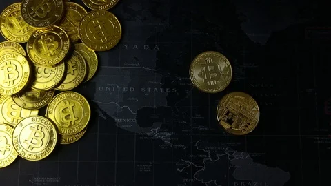 Gold coin Bitcoin on dark map concept footage. Stock Footage 88279337
