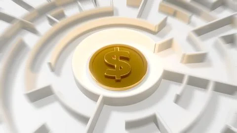 Gold coin with dollar sign in a circular white maze Stock Illustration