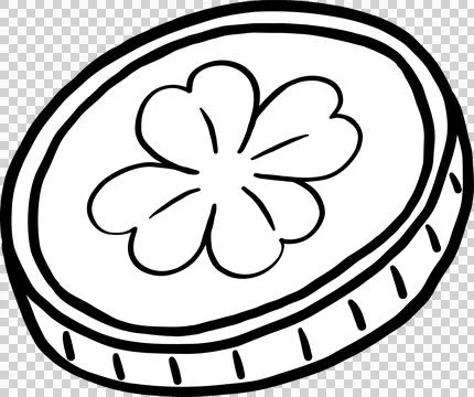 Gold Coin with Four Leaf Clover St Patrick Day Outline Cartoon Hand Drawn Stock Illustration
