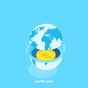 Gold coin inside the globe, isometric image 库存插图