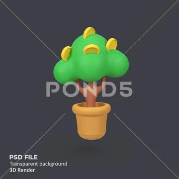 Gold Coin Money Tree in Pot isolated 3d render icon illustration PSD Template