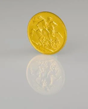 Gold coin reflection on gray background Stock-Fotos