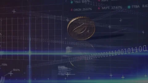 Gold coin rotating wobbling via binary input, mirroring on glossy plane while Stock Footage 331227415