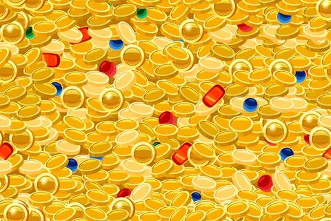 Gold coin seamless pattern background, pile of gold coins with gem stones イラスト素材