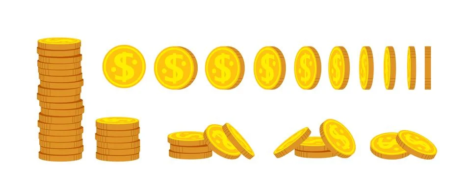 Gold coin stack flat cartoon set financial vector Stock Illustration