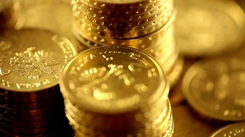 Gold coin stack isolated Focus on word Fine Gold using US Treasury issue Gold Vídeos de archivo 334027961