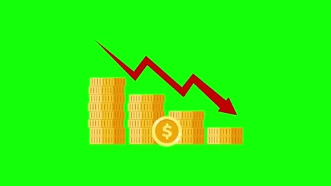 Gold coin stacks decreasing with red arrow showing financial loss 库存影片 330498320