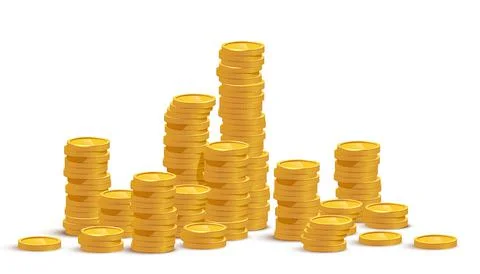 Gold coin stacks mockup vector illustration. Cash heap, wealth isolated on white Stock Illustration