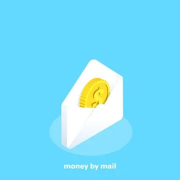 Gold coin in a white envelope on a blue background, isometric image Stock Illustration