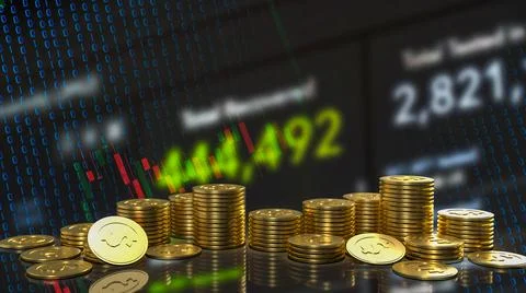 The  gold coins and chart background for business concept 3d rendering Illustrazione stock