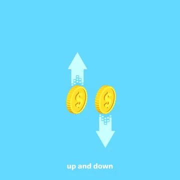 Gold coins with arrows up and down, isometric image Stock Illustration