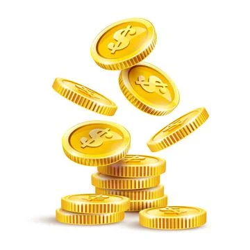 Gold coins cash money pile stack, falling dollar Isolated. Vector illustration. Stock Illustration