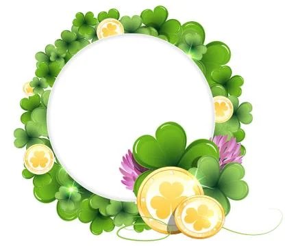 Gold coins on clover background Stock Illustration
