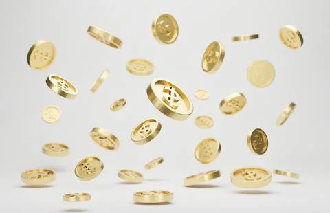 Gold coins with dollar sign falling or flying isolated on white background. J Stock Illustration