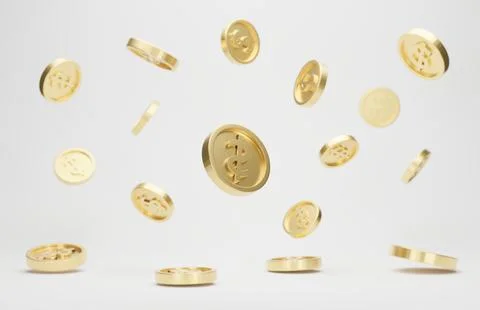 Gold coins with dollar sign falling or flying isolated on white background. J Stock Illustration