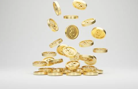 Gold coins with dollar sign falling or flying isolated on white background. J Stock Illustration