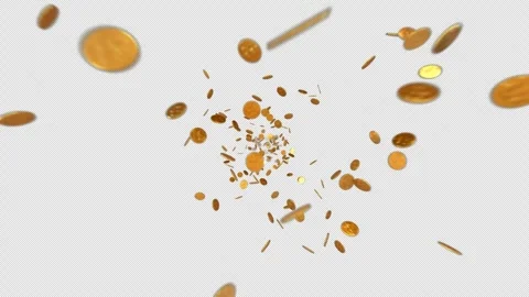 Gold Coins Explode Flying Towards Camera Screen With Alpha Stock Footage 254351845