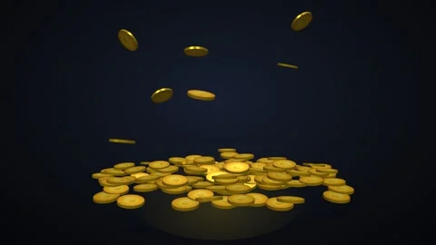 Gold coins falling and stacking into a pile on dark background. 4K 3D Render Stock Footage 344845853