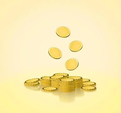 Gold coins falling to the coins stack with reflection Stock Photos