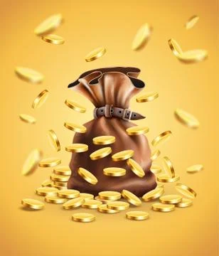 Gold coins falling down and full sack Stock Illustration