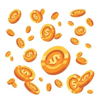 Gold coins falling down. Flying coins flat illustration Stock Illustration