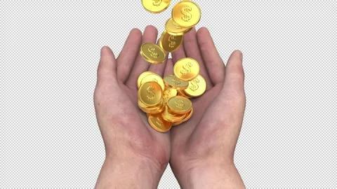 Gold coins falling in hands – 3d render with alpha channel. Stock Footage 265208067