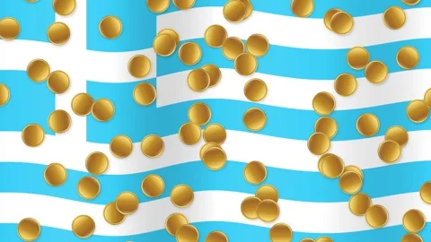Gold Coins Falling Over Waving Blue and White Striped Flag Background Stock Footage 340760084