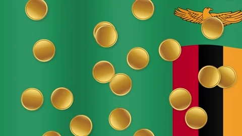 Gold Coins Falling Over Waving National Flag of Zambia Stock Footage 341378932