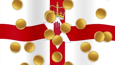 Gold Coins Falling Over Waving Northern Ireland Ulster Banner Flag Stock Footage 341715292