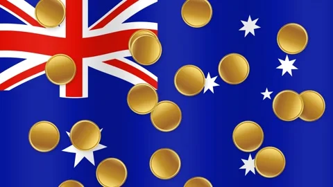 Gold Coins Falling Over Waving National Flag of Australia Stock Footage 341715514