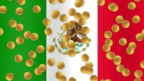 Gold Coins Falling Over Waving National Flag of Mexico Stock Footage 341839124