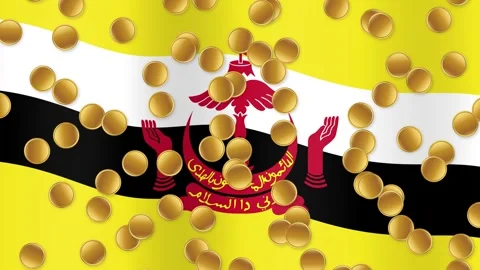 Gold Coins Falling Over Waving National Flag of Brunei Darussalam Stock Footage 341842247